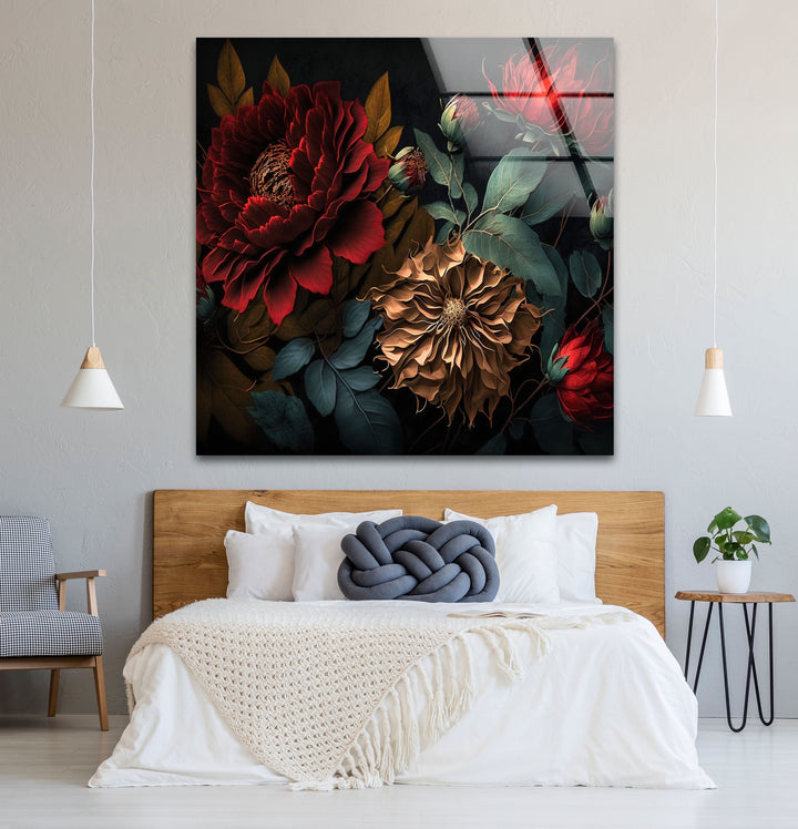 Dark Floral Elegance Wall Art – Red & Gold Botanical Glass Print