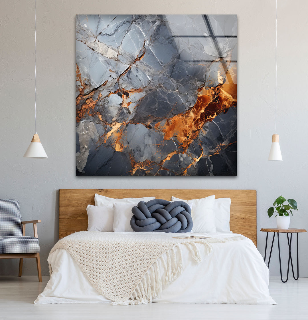 Fiery Blue Marble Glass Wall Art – Abstract Stone Texture Print