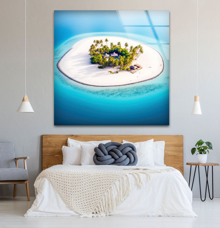 Tropical Island Wall Art – Aerial Beach Paradise Glass Print for Coastal Interiors