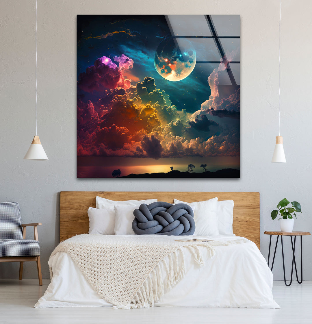 Verträumte Mondaufgang-Wandkunst – Fantasy-Himmel und Wolken-Glasdruck