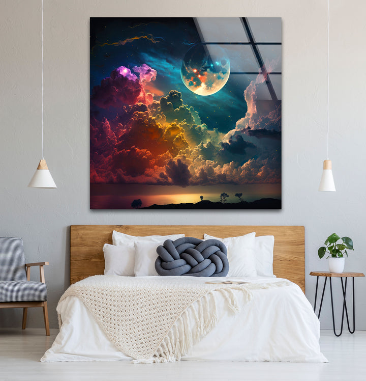 Verträumte Mondaufgang-Wandkunst – Fantasy-Himmel und Wolken-Glasdruck