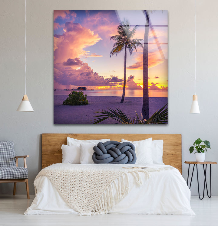 Tropical Sunset Beach Wall Art – Vibrant Palm Tree Ocean Scene Glass Print for Relaxing Home Decor