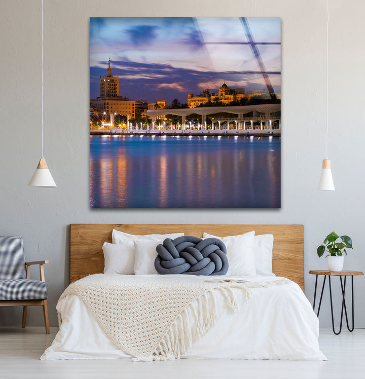 Malaga Waterfront Cityscape Wall Art – Dusk Skyline Glass Print for Urban Decor