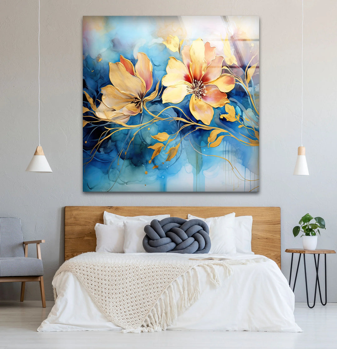 Golden Floral Fantasy Wall Art – Abstract Blue and Yellow Flower Glass Print for Elegant Interiors - MyPhotoStation