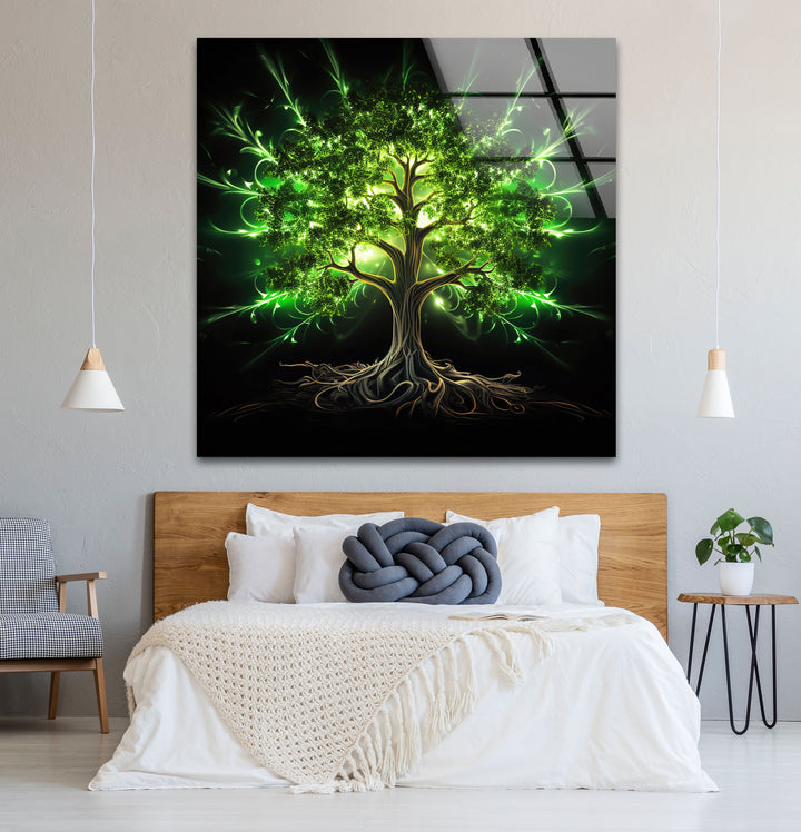 Enchanted Green Tree Wall Art – Glowing Nature-Inspired Glass Print with Dark Fantasy Vibes