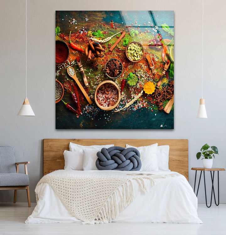 Colorful spices and herbs glass wall art displayed above a bed features a rustic still life with vibrant red and green tones for kitchen decor.