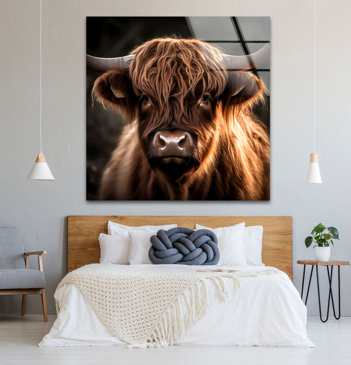 Highland Cow Wall Art – Rustic Brown Longhorn Glass Print Décor