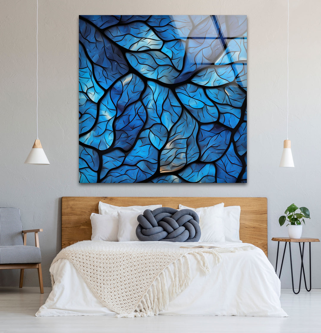 Blaues Blattmosaik-Wandbild – Abstrakter Naturglasdruck für modernes Dekor