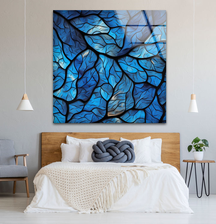 Blaues Blattmosaik-Wandbild – Abstrakter Naturglasdruck für modernes Dekor