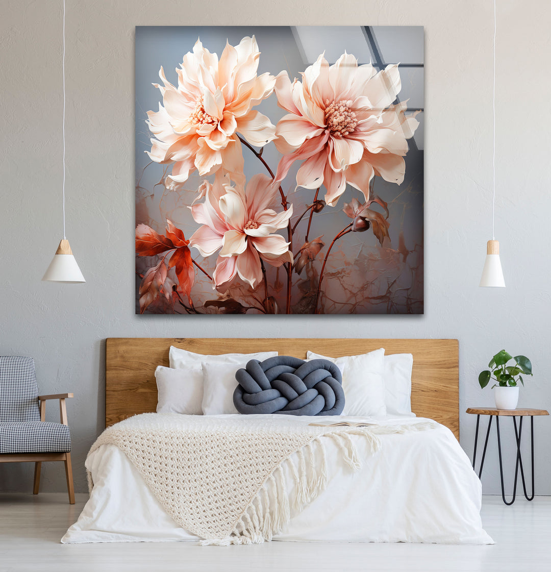 Blush Dahlia Floral Wall Art – Elegante Glasblumen-Wanddekoration