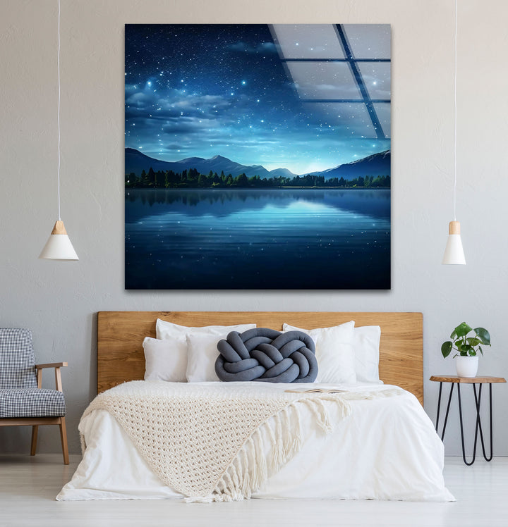 Starry Night Lake Wall Art – Tranquil Mountain Reflection Glass Print for Interior Elegance