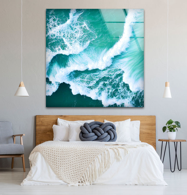Ocean Wave Aerial Wall Art – Turquoise Sea Glass Print for Modern Decor