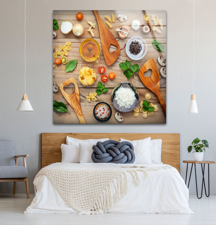 Rustic Italian Kitchen Wall Art – Culinary Glass Print Featuring Pasta, Spices & Wooden Utensils