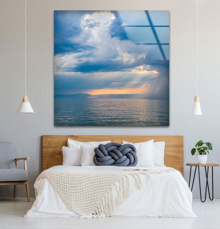 Stormy Ocean Sunset Wall Art – Moody Sea Glass Print with Sunlight Rays