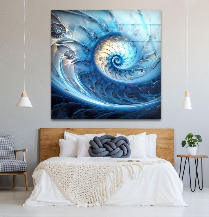 Blue Fractal Spiral Wall Art – Abstract Nautilus Glass Print for Modern Interiors