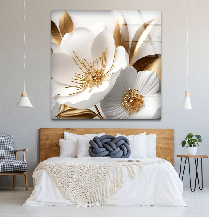 Elegant White and Gold Floral Wall Art – Luxury Botanical Glass Print for Sophisticated Decor