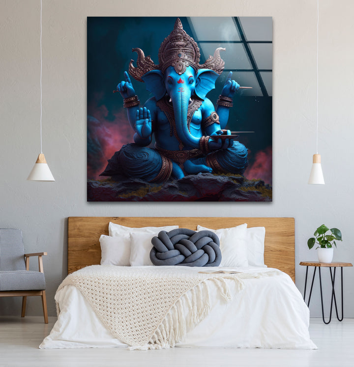 Blaue Ganesha-Wandkunst – Göttliche Hindu-Gottheit – Glasdruck für spirituelles Dekor 