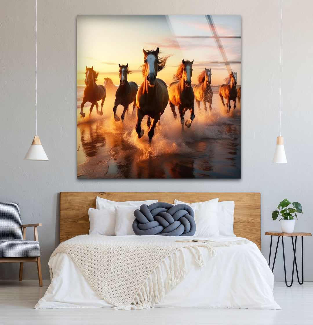Running Horses Beach Wall Art – Sunset Coastal Glass Print for Dynamic Nature Decor