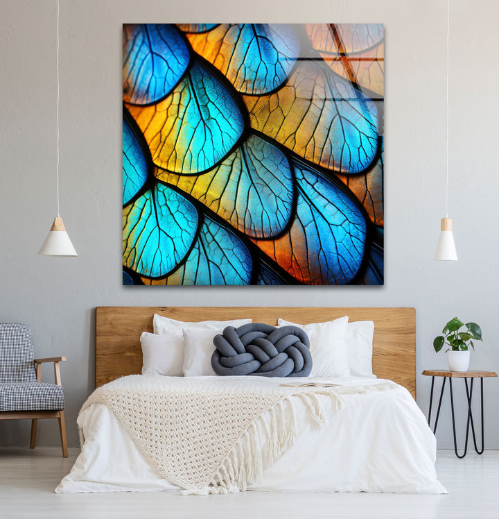 Blue Gold Leaf Texture Wall Art – Abstract Nature Pattern Glass Print