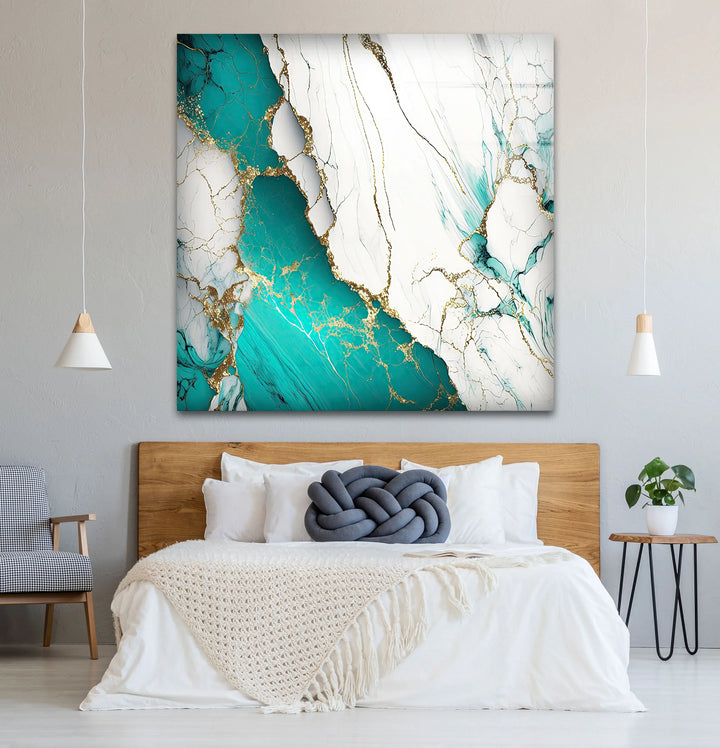 Teal and White Marble Wall Art – Luxury Abstract Glass Print with Gold Veins for Modern Interiors - MyPhotoStation