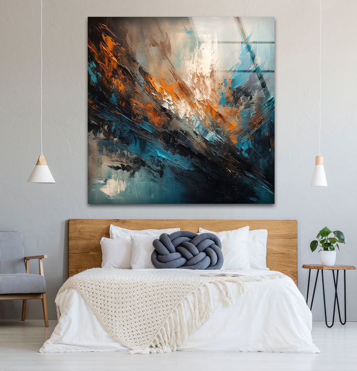 Modern Abstract Brushstroke Glass Wall Art – Teal and Copper Splash Print