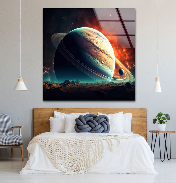 Saturn über fremdem Horizont – Planetenlandschaft, Glaswandkunst 