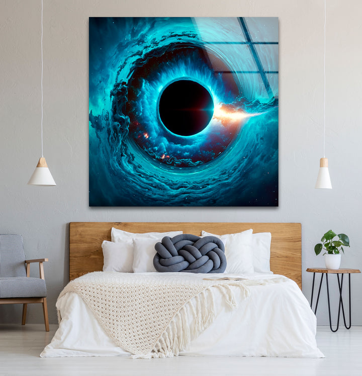 Wandkunst mit kosmischem schwarzen Loch – Blaues Wirbel-Galaxie-Glasdruckdekor 