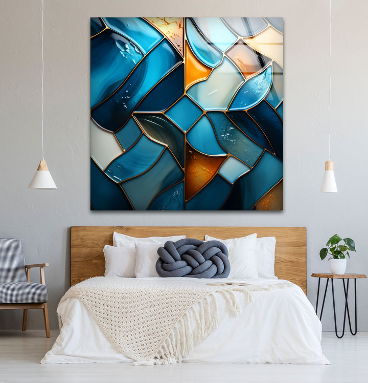 Blue Stained Glass Wall Art – Abstract Mosaic Glass Print Decor