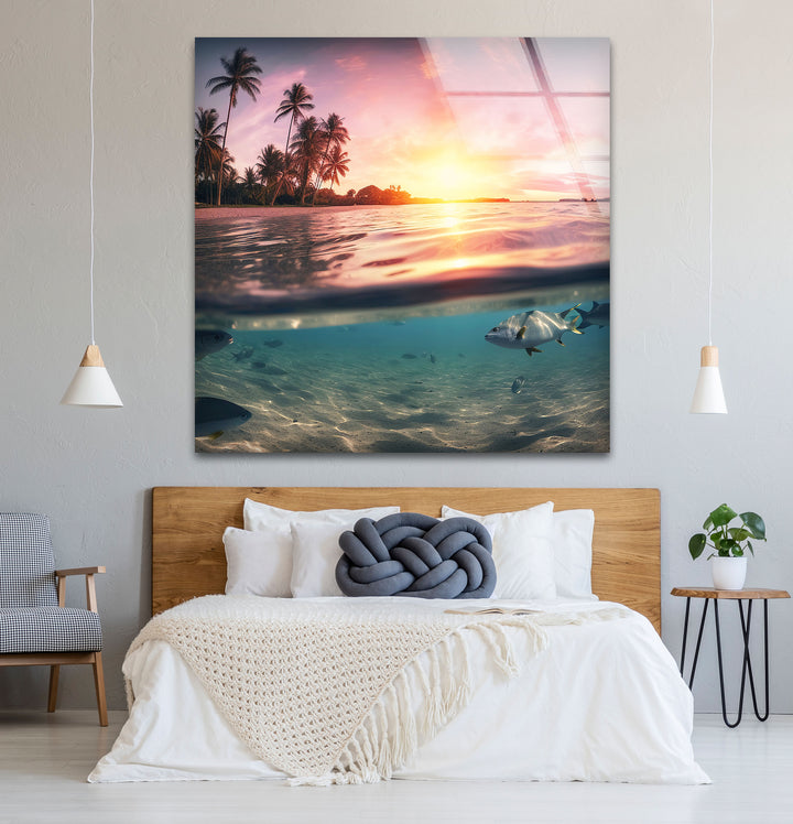 Tropical Ocean Split View Wall Art – Sunset and Underwater Scene Glass Print