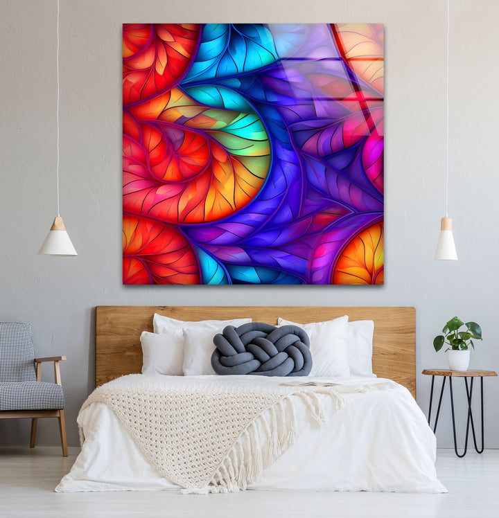 Rainbow Leaf Abstract Glass Wall Art – Multicolor Stained Design