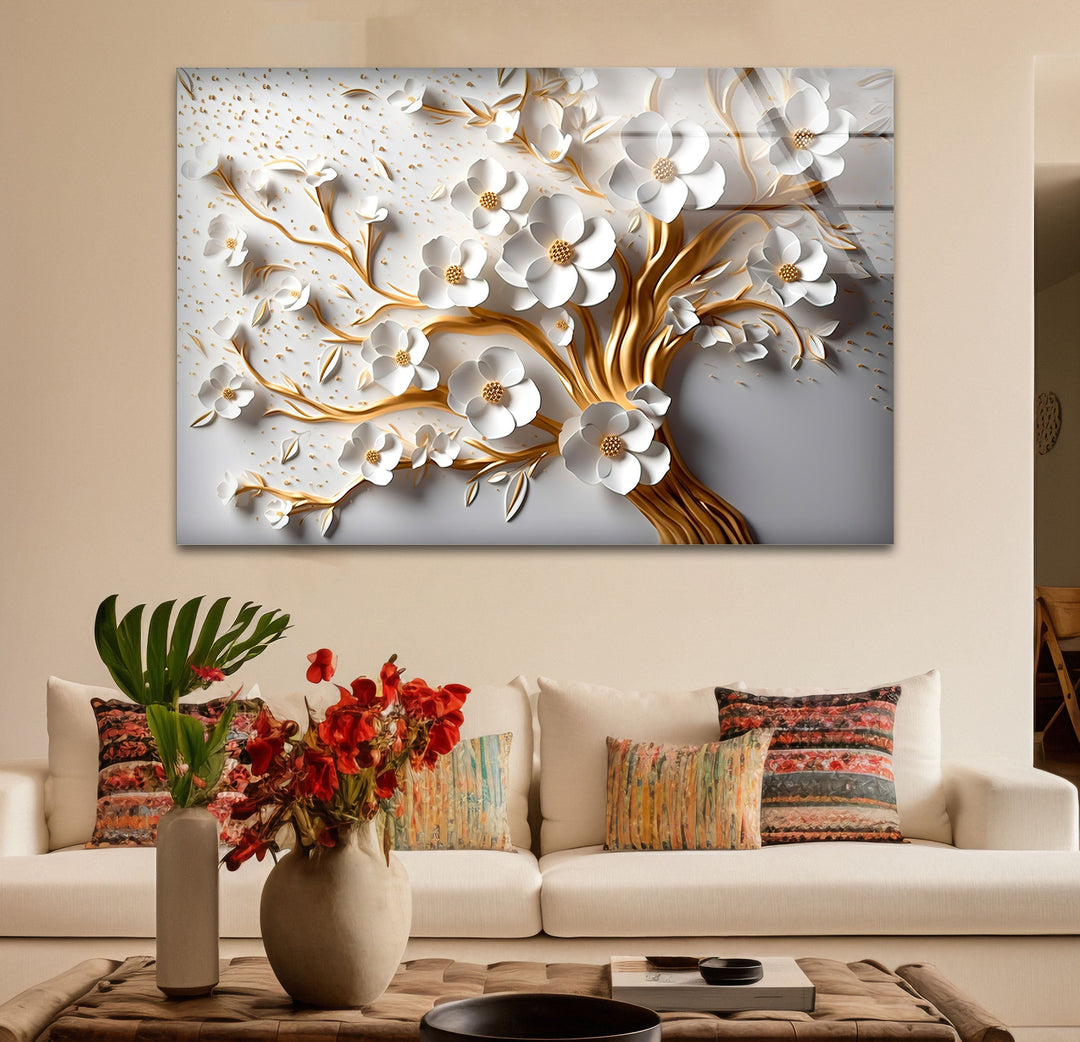 Gold and White Flower Tree Glass Wall Art print picture on glass, Tempered Glass Wall Art
