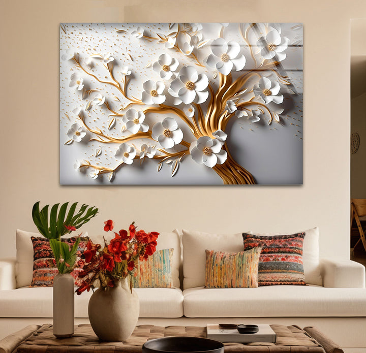 Gold and White Flower Tree Glass Wall Art print picture on glass, Tempered Glass Wall Art
