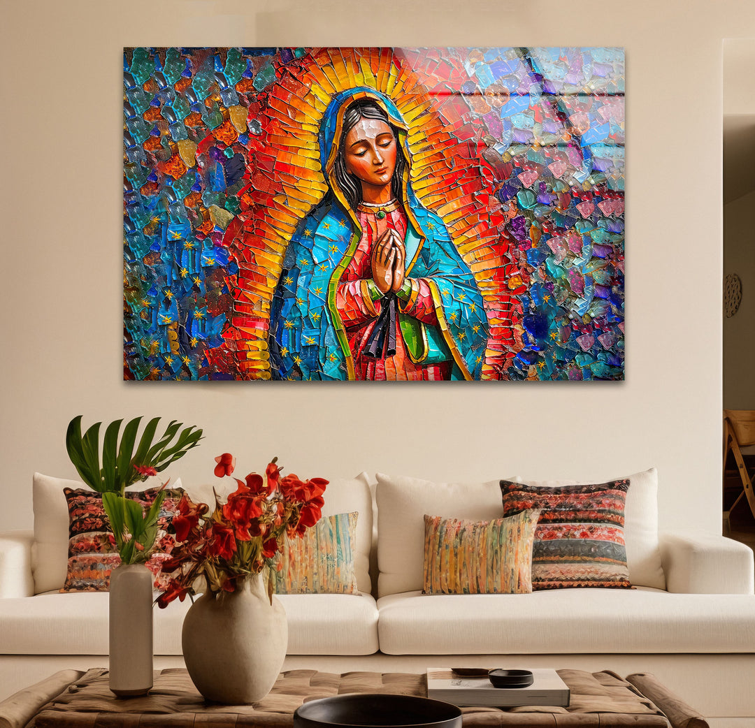 Soft white sofa cushions highlight the colorful Sacred Radiance Mosaic religious glass print wall art above.