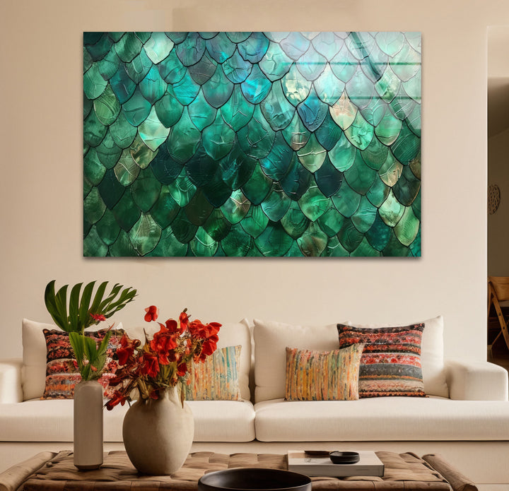 Geometric overlapping emerald green scales characterize this best glass art piece, displaying intricate textures and radiant light.