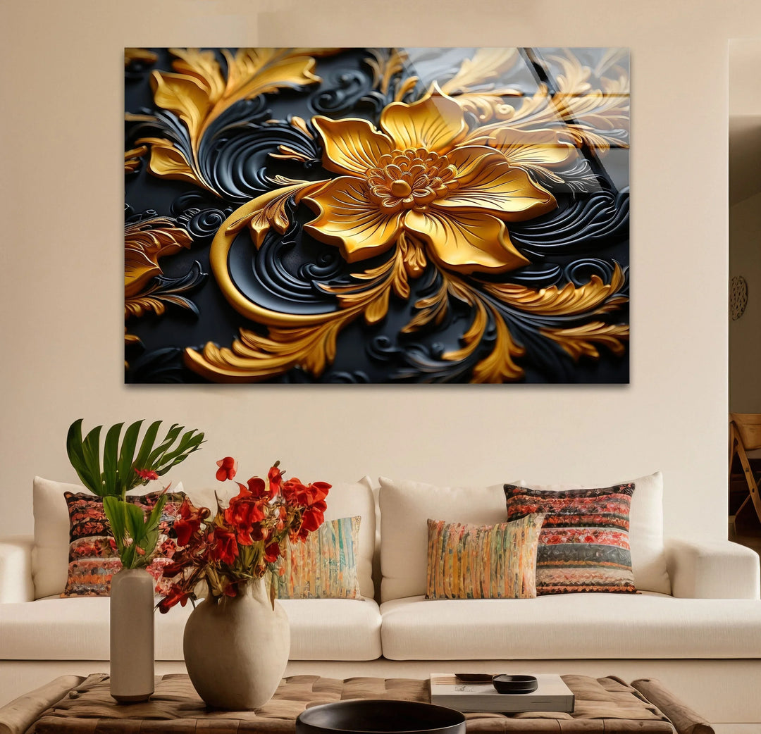 Botanical Gold & Black Flower Glass Wall Art stained glass wall art, stained glass wall decor
