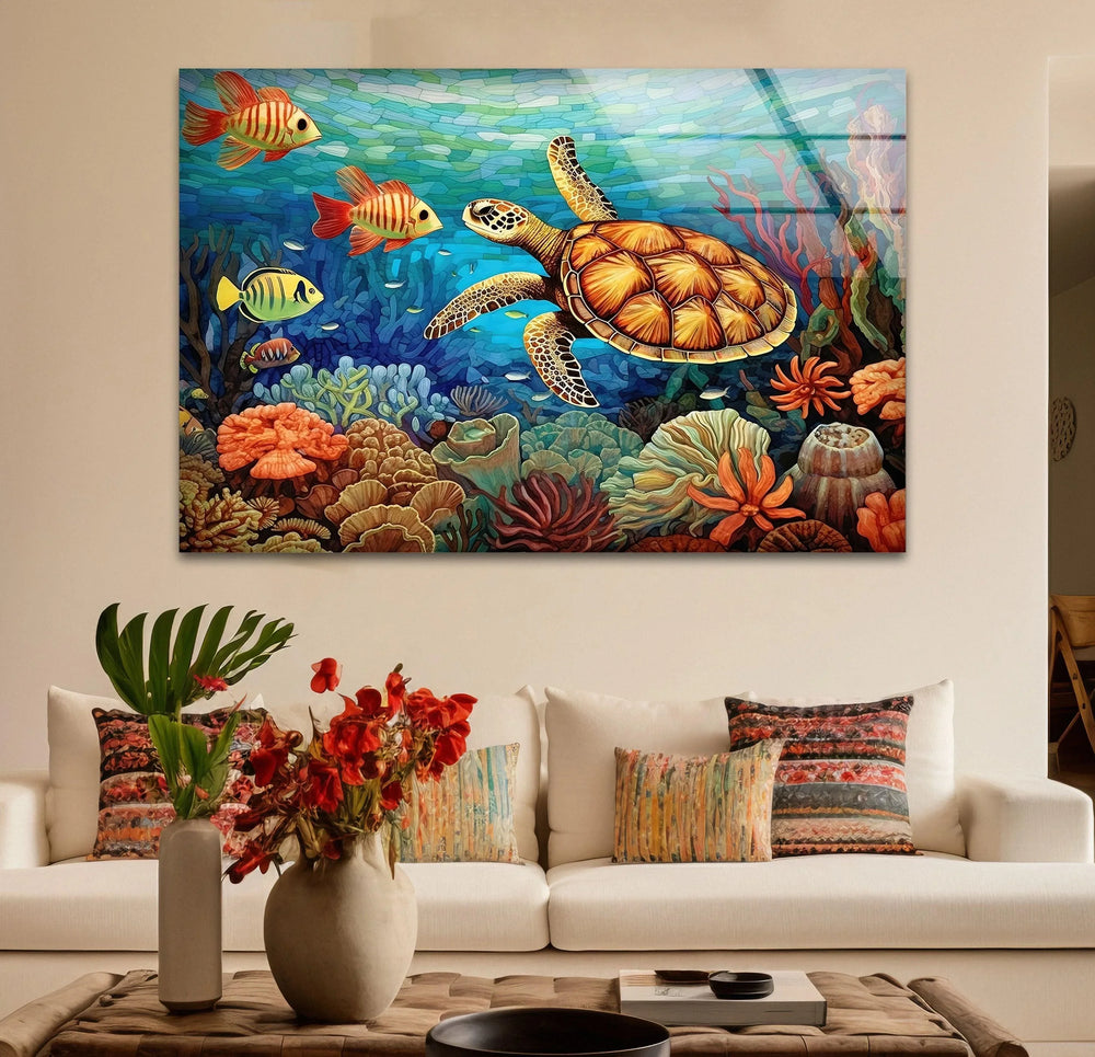 A detailed sea turtle swims with colorful fish among vibrant coral reefs in this stunning piece of decorative wall art.