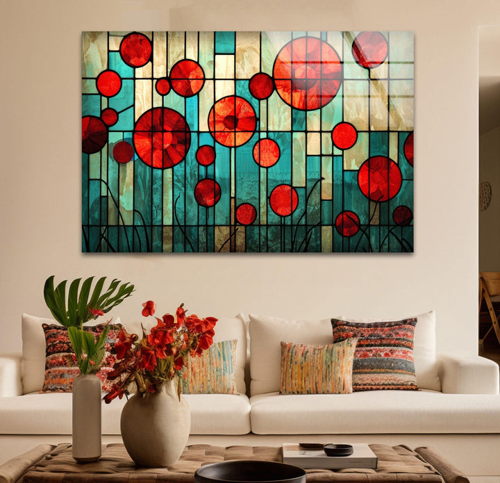 Stained Red Circles Glass Wall Art custom glass photo prints, large glass prints
