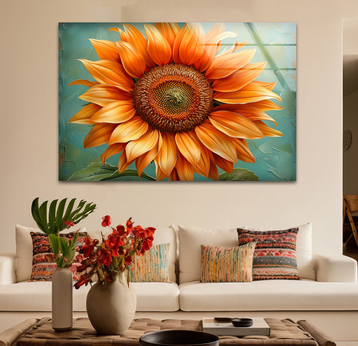 Oil Painting Orange Sunflower Glass Wall Art glass photo prints, glass picture prints
