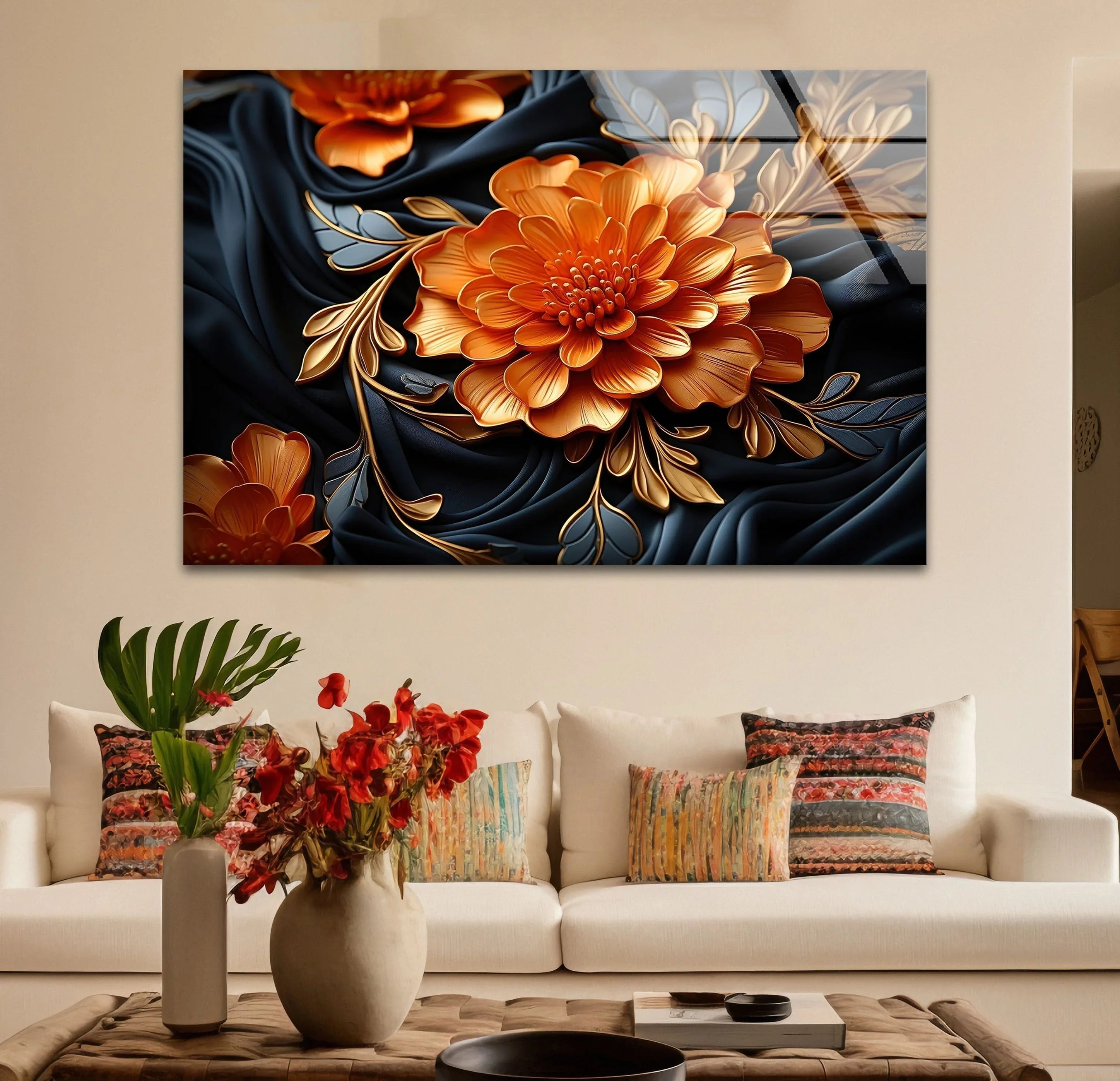 Botanical Orange & Blue Flower – Glass Wall Art Decor – MyPhotoStation