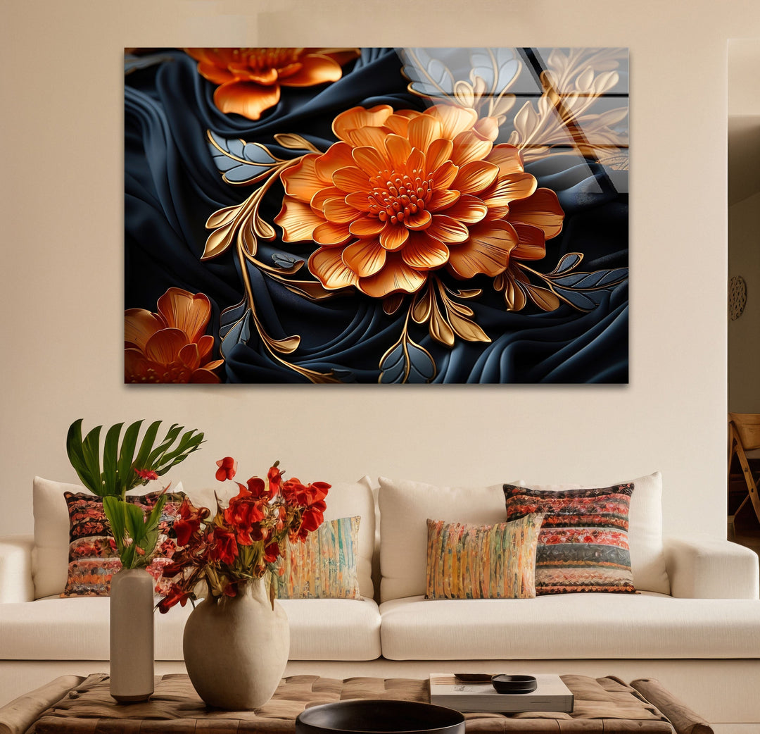 Botanical Orange & Blue Flower Glass Wall Art glass art painting, glass art for the Wall
