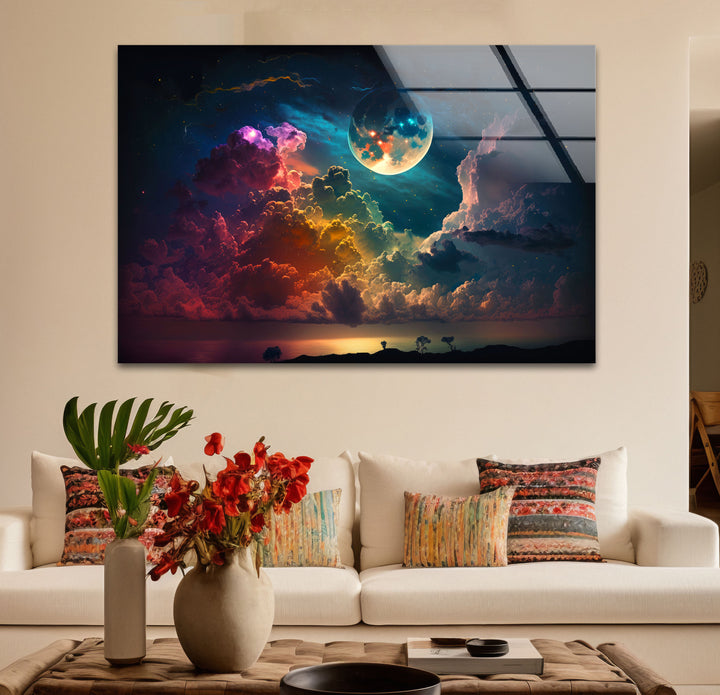 Verträumte Mondaufgang-Wandkunst – Fantasy-Himmel und Wolken-Glasdruck