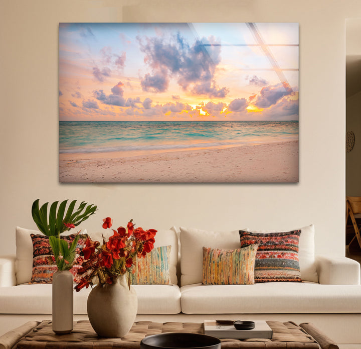 Pastel Beach Sunset Wall Art – Tranquil Ocean Shoreline Glass Print for Calm Spaces