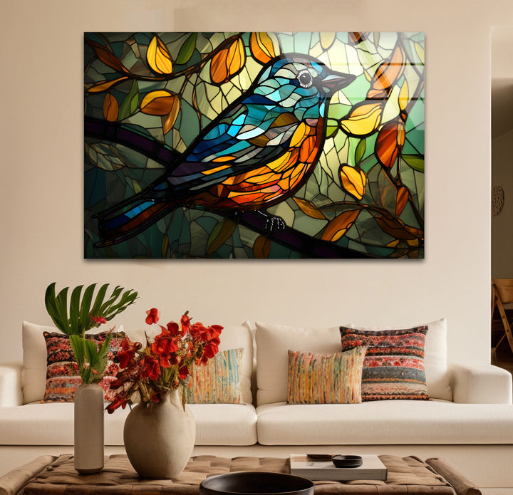 Stained Glass Bird Wall Art – Colorful Songbird on Branch, Nature-Inspired Decor