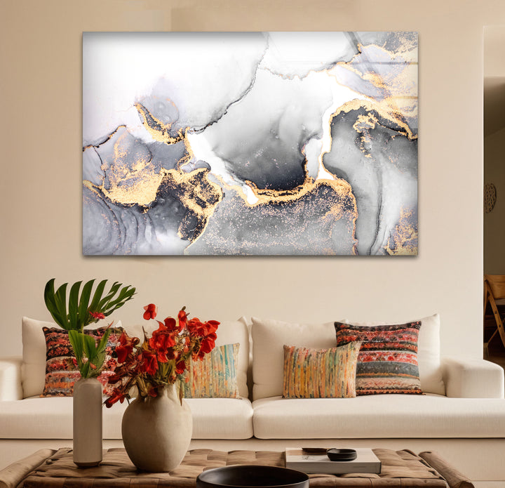 Monochrome Marble Glass Wall Art – Black White & Gold Luxury Abstract Print