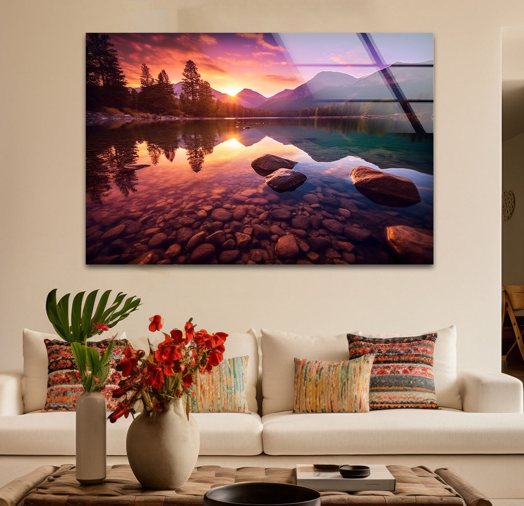 Bergsee Sonnenuntergang Wandkunst – Ruhige Natur Glas Landschaft Dekor