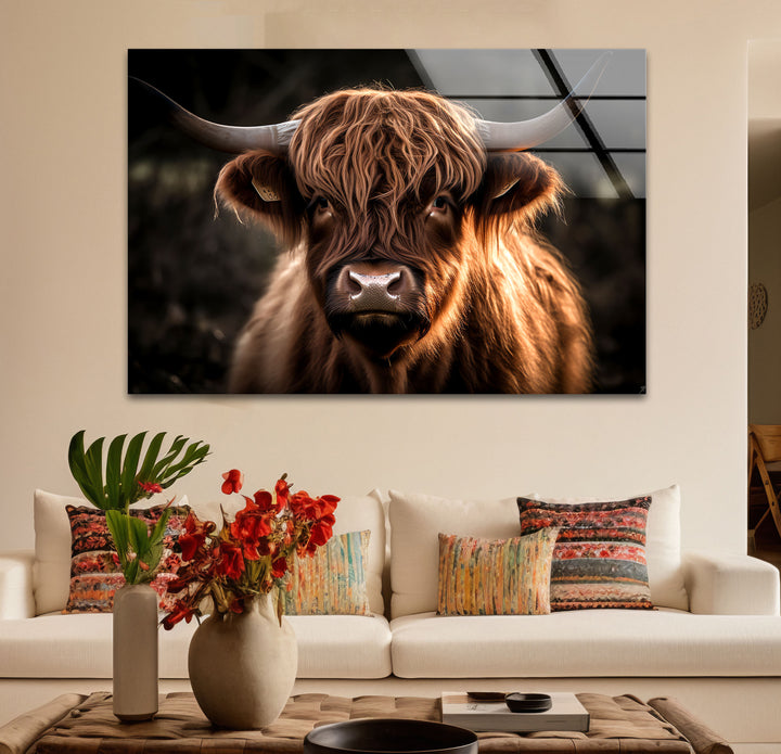 Highland Cow Wall Art – Rustic Brown Longhorn Glass Print Décor