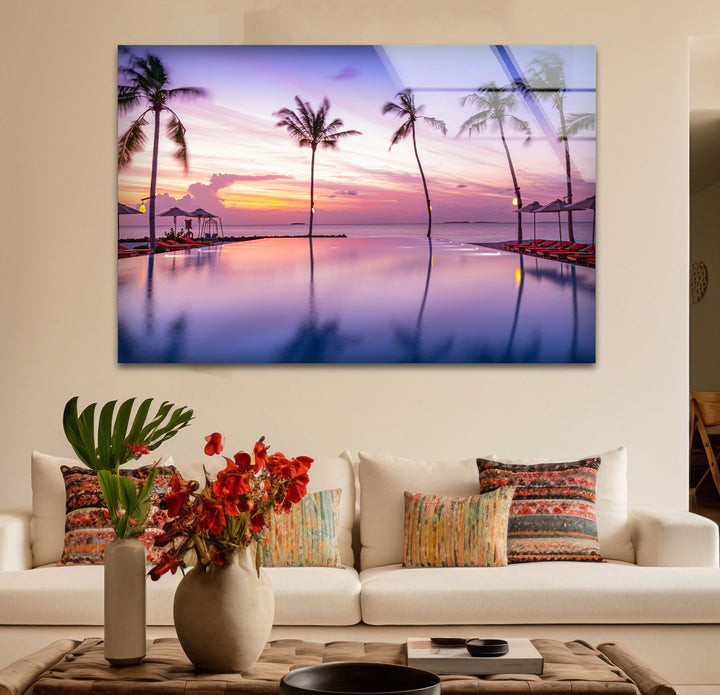 Tropical Sunset Pool Wall Art – Palm Tree Reflection Glass Print for Relaxed Interiors
