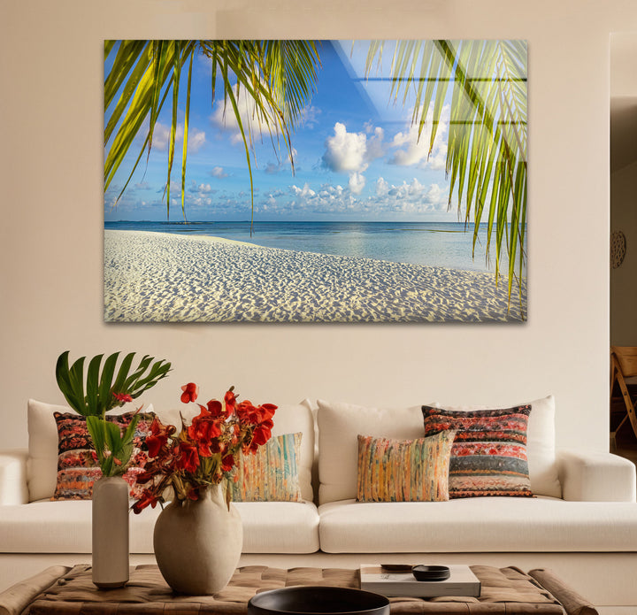 Tropical Palm Beach Wall Art – White Sand and Ocean Glass Print for Coastal Decor