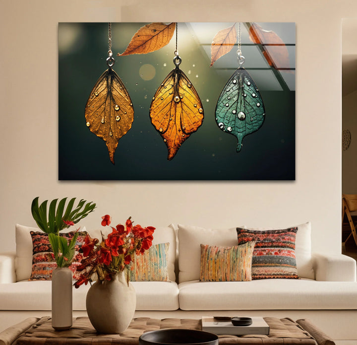 Autumn Dew Leaf Wall Art – Elegant Nature-Inspired Print with Golden & Teal Hues - MyPhotoStation