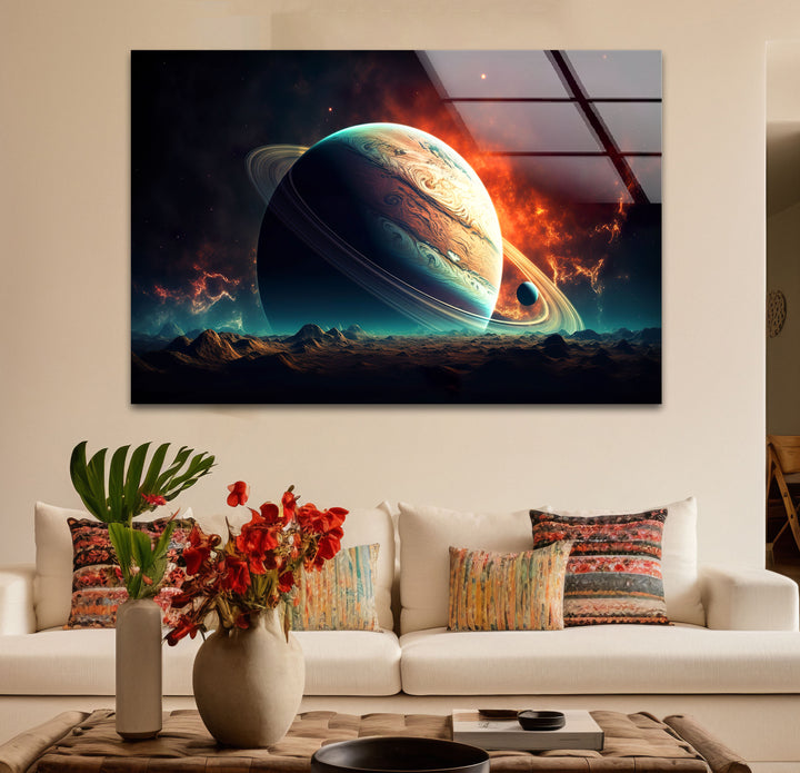 Saturn über fremdem Horizont – Planetenlandschaft, Glaswandkunst 